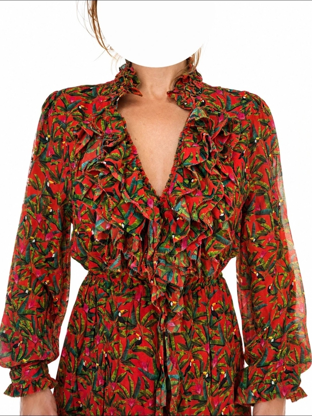 FARM Rio Red Floral Ruffle Long-Sleeve Dress - Picture 3 of 4